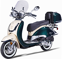 Amigo 2-Tone VINTAGE 150cc Scooter BELLO 150 with Windshield, USB Port, Rear Trunk, Backrest, White Wall Tires. EPA/DOT/CARB, 99.9% assembled. Free shipping to your door, free helmet and 1 year bumper to bumper warranty