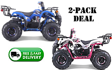 Two 2022 Upgraded TFORCE 110cc Youth ATV Automatic with Reverse (F/N/R), Remote stop, 18"/19" Big Tires, Adjustable Shocks, Digital gear indicator, Soft Hand Grips, Powder Coated Frame. Free shipping to your door, free ATV covers. 6 months warranty.