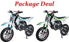 Bundle of Two SYX MOTO 58cc mini dirt bikes 4-stroke Air cooled Fully Automatic, Dual Disc Brakes, Inverted Forks (PAD50-3), 10" Aluminum Wheels, Tether switch and emergency shut-off. Free shipping to your door. 6 months warranty.