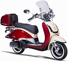 Amigo 2-Tone VINTAGE 150cc Scooter BELLO 150 with Windshield, USB Port, Rear Trunk, Backrest, White Wall Tires. EPA/DOT/CARB, 99.9% assembled. Free shipping to your door, free helmet and 1 year bumper to bumper warranty