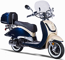 Amigo 2-Tone VINTAGE 150cc Scooter BELLO 150 with Windshield, USB Port, Rear Trunk, Backrest, White Wall Tires. EPA/DOT/CARB, 99.9% assembled. Free shipping to your door, free helmet and 1 year bumper to bumper warranty