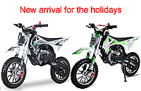 Bundle of Two SYX MOTO 58cc mini dirt bikes 4-stroke Air cooled Fully Automatic, Dual Disc Brakes, Inverted Forks (PAD50-3), 10" Aluminum Wheels, Tether switch and emergency shut-off. Free shipping to your door. 6 months warranty.