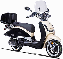 Amigo 2-Tone VINTAGE 150cc Scooter BELLO 150 with Windshield, USB Port, Rear Trunk, Backrest, White Wall Tires. EPA/DOT/CARB, 99.9% assembled. Free shipping to your door, free helmet and 1 year bumper to bumper warranty