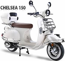 EPA/DOT/CARB approved BMS Chelsea 150 Scooter with LED Lights, White Wall Tires, Folding Front Rack (chrome), Rear Luggage Rack (chrome) and Trunk. 99.9% assembled. Free shipping to your door, free helmet and 1 year bumper to bumper warranty.