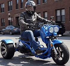 Ice Bear MADDOG 50cc Motor Trike PST50-19N with 12"/14" Extra Wide Big Tires, LED Lights, Chrome Wheels & Muffler. Free shipping to your door, free helmet, 1 year bumper to bumper warranty.