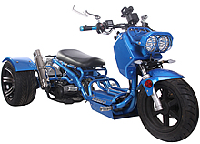 Ice Bear MADDOG 150cc Motor Trike PST150-19N with 12"/14" Extra Wide Big Tires, LED Lights, Chrome Wheels, Mirrors & Muffler. Free shipping to your door, free helmet, 1 year bumper to bumper warranty.