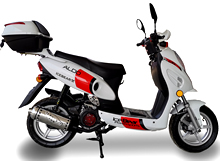 ICE BEAR "ALDO" 150cc Gas Scooter Fully Automatic with LED Lights, disc brake, Dual Shocks, Hand-guards, 12" Big Tires, Sporty Muffler (PMZ150-11). Free shipping to your door, 1 year bumper to bumper warranty, free DOT approved scooter helmet.