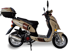 ICE BEAR "ALDO" 150cc Gas Scooter Fully Automatic with LED Lights, disc brake, Dual Shocks, Hand-guards, 12" Big Tires, Sporty Muffler (PMZ150-11). Free shipping to your door, 1 year bumper to bumper warranty, free DOT approved scooter helmet.
